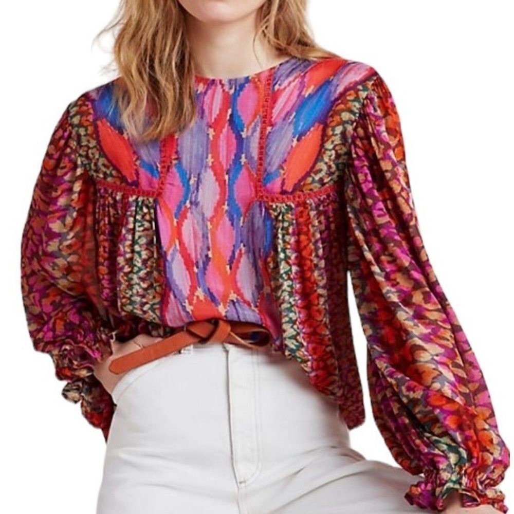 Anthropologie BI-nk Miranda Peasant Blouse Abstract Leopard Watercolor Size XS